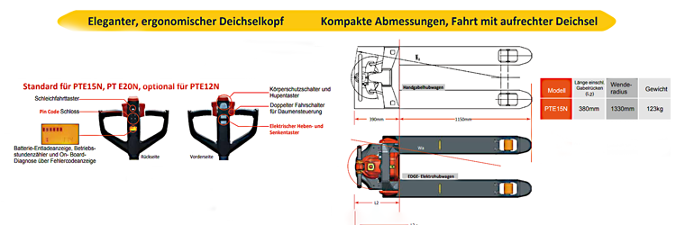 Elektro-Gabelhubwagen 1,5 t PTE15N mit Stützrollen